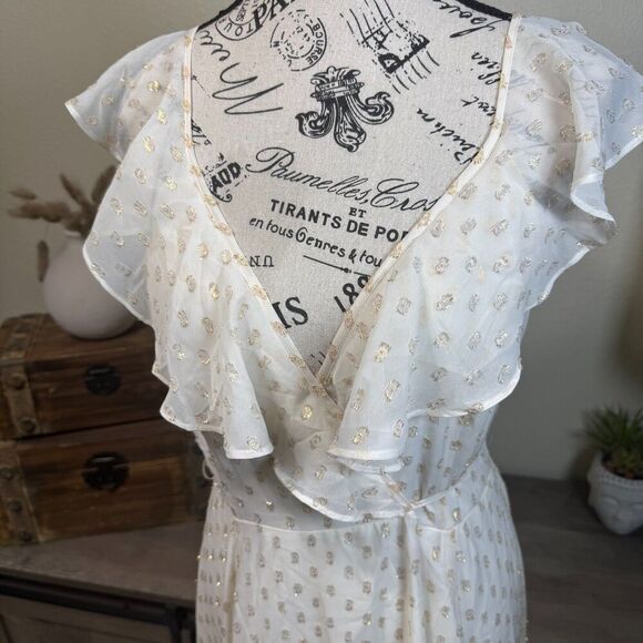 Yumi Kim Iris Ivory/Gold Swiss Dot Lurex Maxi Wrap Dress Ruffle Formal Size S - Picture 3 of 11